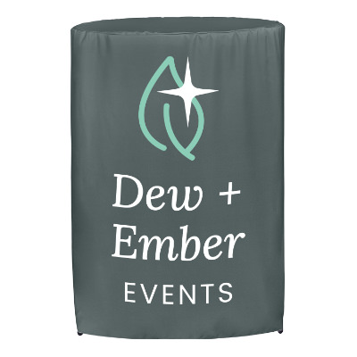 31 and a half inches round bar height table cover with full color imprint on front.