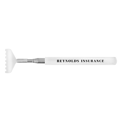 White plastic backscratcher with a personalized logo.