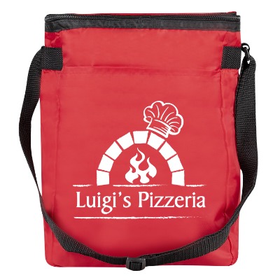 Polyester red 12 pack lunch cooler bag with custom logo.