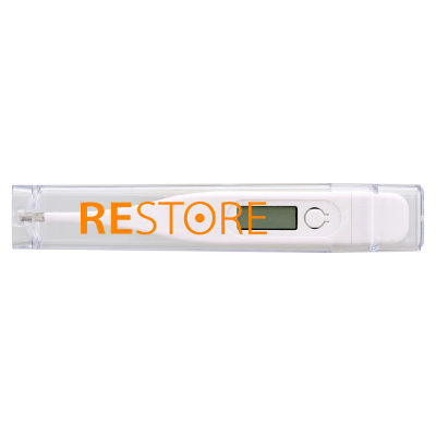 White plastic thermometer with a custom imprint.