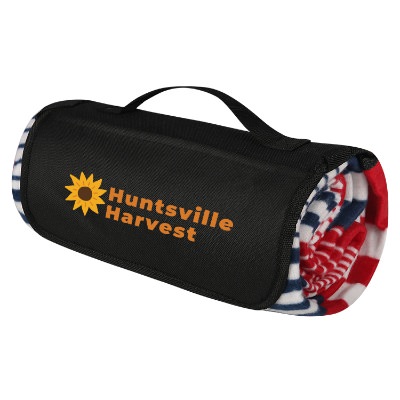Red and navy blue full color picnic blanket with full color design.