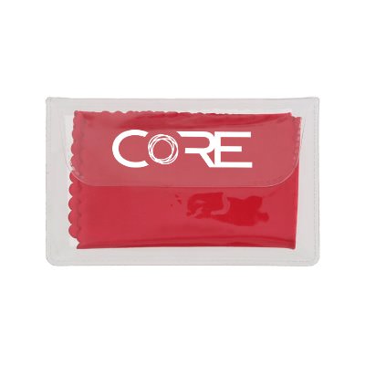 Custom red cleaning cloth in clear pouch.