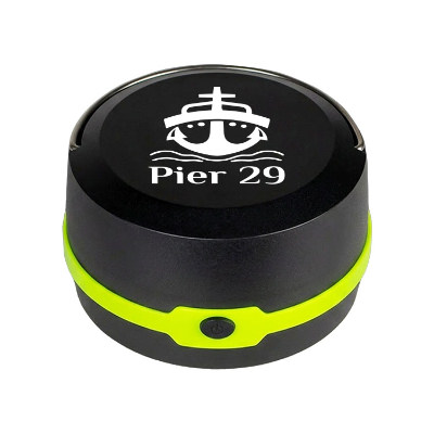 Plastic lime green lantern with custom logo.
