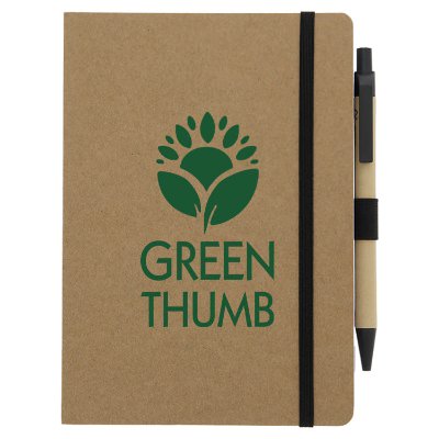 Brown FSC recycled notebook and pen set with a personalized logo.