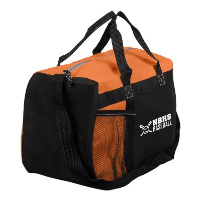 Black and orange gym bag with white custom imprint.