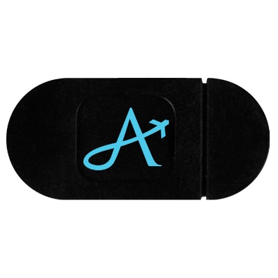 Plastic black webcam cover with a branded logo.