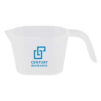 Clear plastic two cup measuring cup with one color imprint.