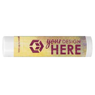 Blue and white designed business lip balm with a personalized logo imprinted.