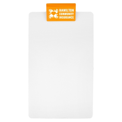 Orange polystyrene clipboard with a personalized logo.