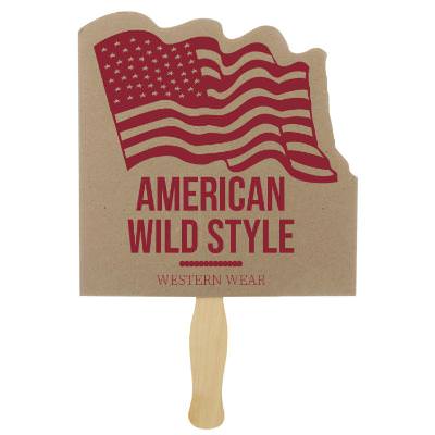 Paper brown hand fan with a branded logo.