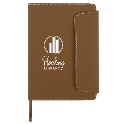 Brown magnetic Geneva journal with custom library logo.