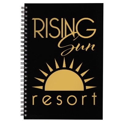 Custom logo on black notebook.