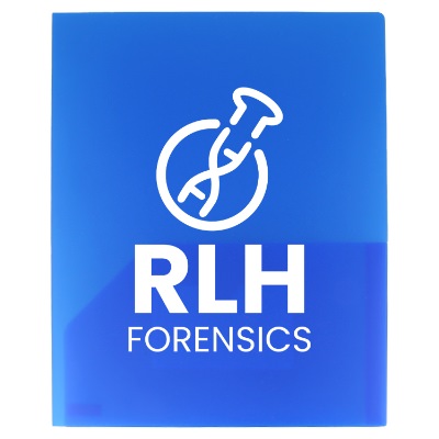 Blue polypropylene folder with a branded logo.