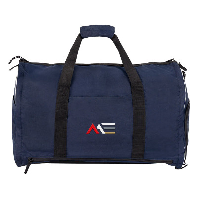 Navy blue polyester garment bag with a branded logo.