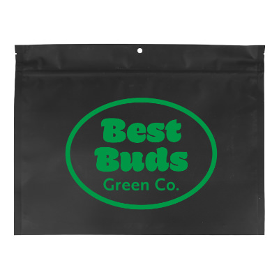 Black barrier bag with custom imprint.