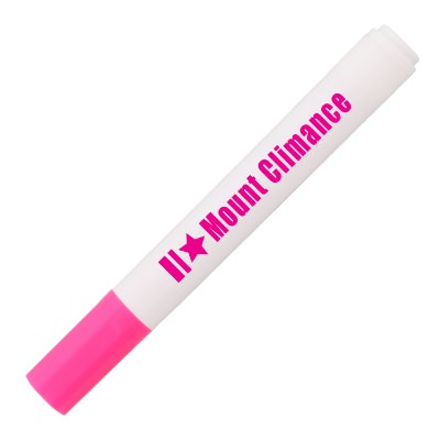 Pink plastic highlighter with a branded imprint.