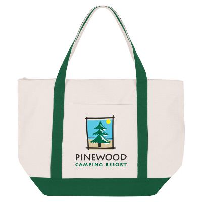 Cotton canvas forest green cozy tote bag with imprinted full color logo.
