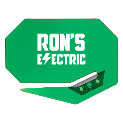 Translucent green plastic letter opener with a personalized logo.