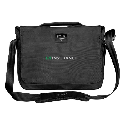 Full-color personalized black messenger bag with handle.