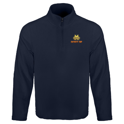Personalized navy quarter-zip with embroidered logo.