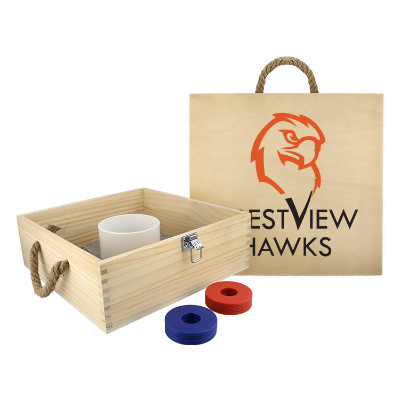 Natural pinewood outdoor game with a personalized logo.
