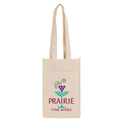 Non-woven polypropylene khaki four bottle tote with full color logo.