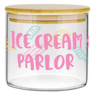 Clear glass jar with a custom logo.