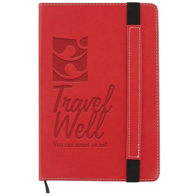 Polyurethane red strappy journal debossed.