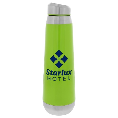 Stainless lime green water bottle with custom logo.