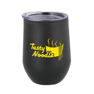 Black wine glass with custom logo.