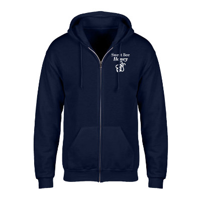 Light blue full-zip sweatshirt with custom logo.