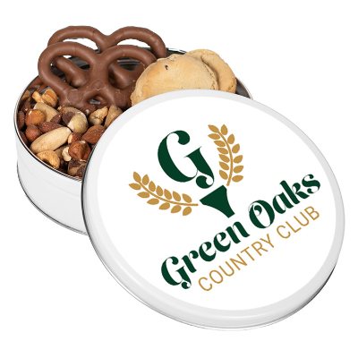 Custom full color white sweet and salty chocolate explosion small tin.