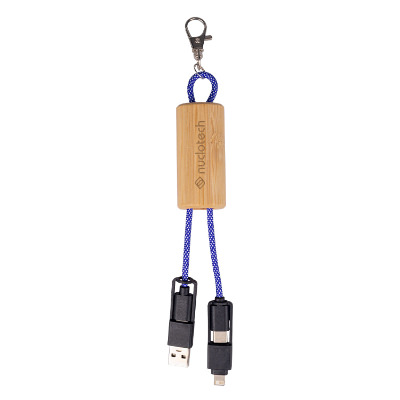Blue bamboo charging cables with a personalized imprint.
