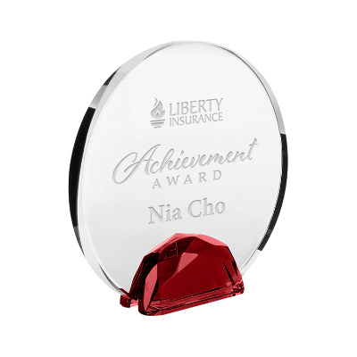 Crystal award with custom laser engraved imprint.