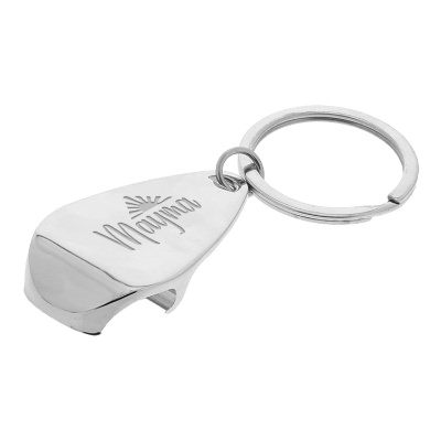Metal silver bottle opener keychain with laser engraved custom promotional logo.