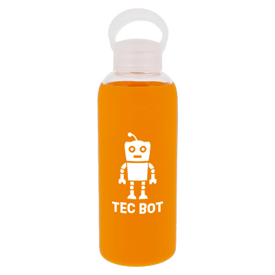 Glass water bottle with orange silicone sleeve and custom logo in 18 oz.