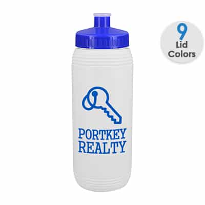 Plastic white water bottle with custom imprint and push pull lid in 16 ounces.