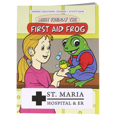 Multicolored paper coloring book with a custom imprint.