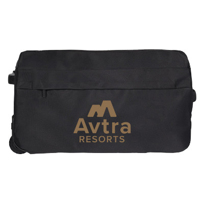 Black wheeled duffel with custom imprint.