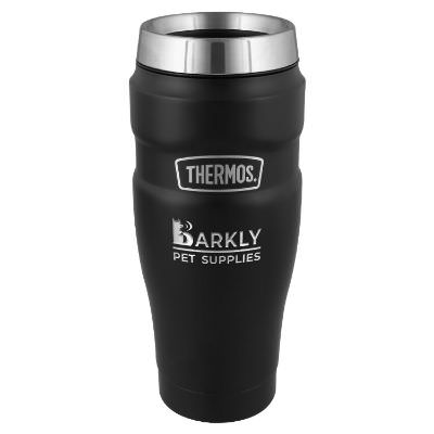 Black tumbler with engraved logo.