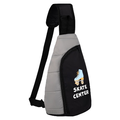 Gray sling bag with black accents and personalized full-color logo.
