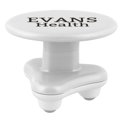 White plastic massager with a personalzied imprint.
