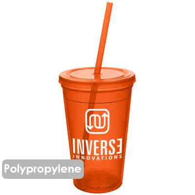 Plastic orange tumbler with custom logo in 16 ounces.