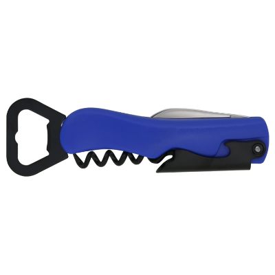 Plastic blue four in 1 metal bottle opener blank.