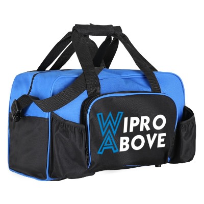 Polyester royal blue budget duffel with printed full color logo.