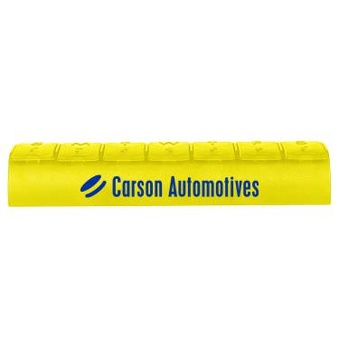 Yellow plastic pill box with a customized imprint.