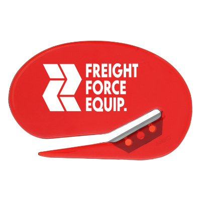 Red plastic letter opener with a branded logo.