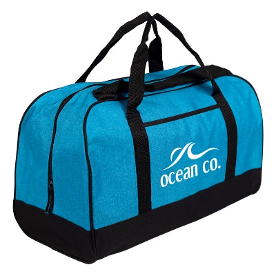 Blue heathered gym bag with white imprint.