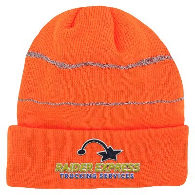 Embroidered neon orange cuffed beanie.