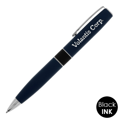 Custom logo twist action pen with rubberized finish.